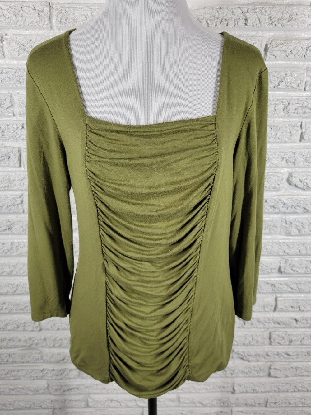 Grace Elements Womens Top XL Green Blouse Ruched Square Neck 3/4 Sleeve GRE36XE